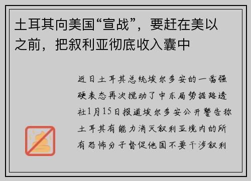 土耳其向美国“宣战”，要赶在美以之前，把叙利亚彻底收入囊中